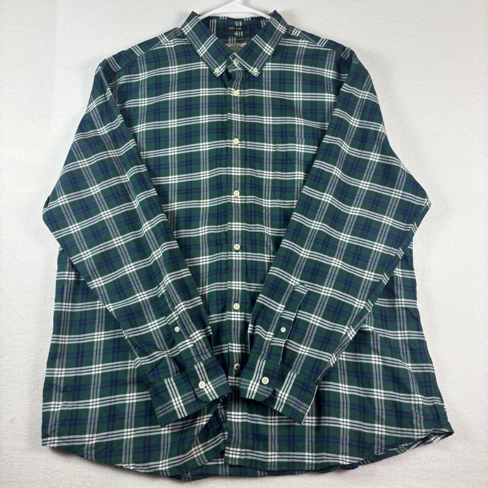 St Johns Bay Mens XXL Green Navy Blue Plaid Easy Care Button Down Shirt Long